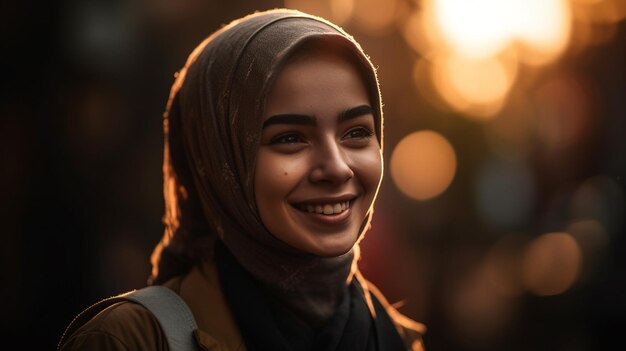 Een vrouw met een hijab en een sjaal lacht naar de camera.