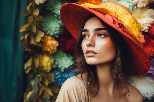 Een vrouw met een hoed en een bloemenachtergrond