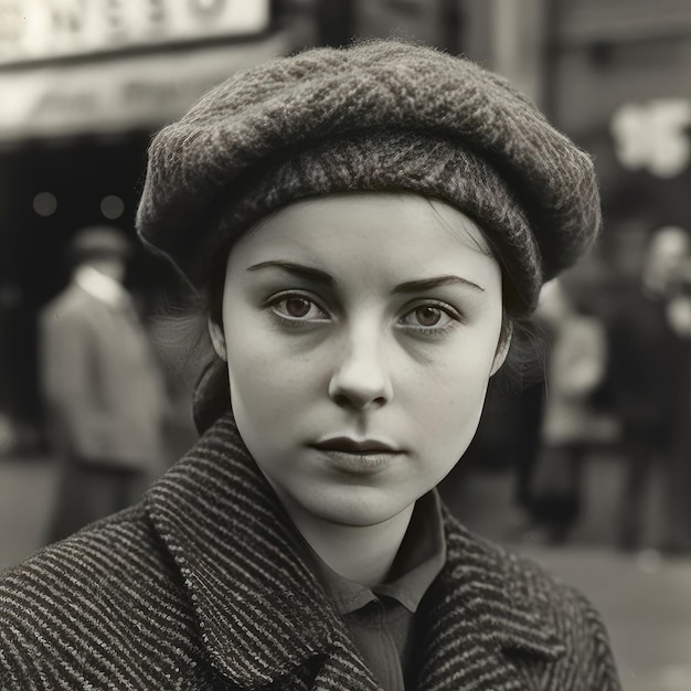 Een vrouw met een hoed en een jas staat voor een coffeeshop.
