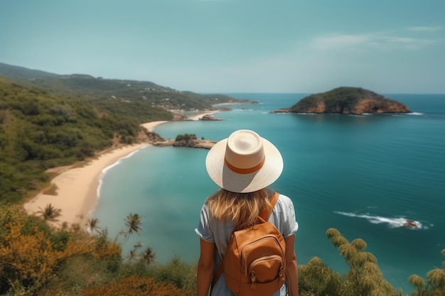 Een vrouw met een hoed en een rugzak staat op een klif met uitzicht op een strand en de oceaan