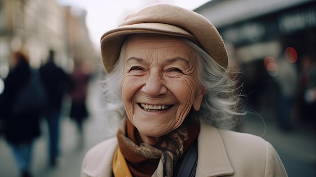 Een vrouw met een hoed en een sjaal lacht naar de camera.