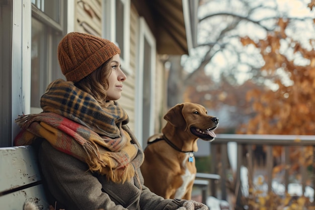 Een vrouw met een hoed en sjaal zit op een bankje buiten haar huis met haar hond klaar voor een aut