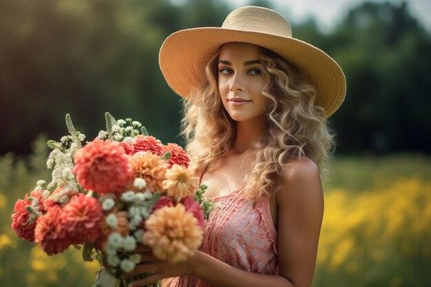 Een vrouw met een hoed houdt een boeket bloemen vast.