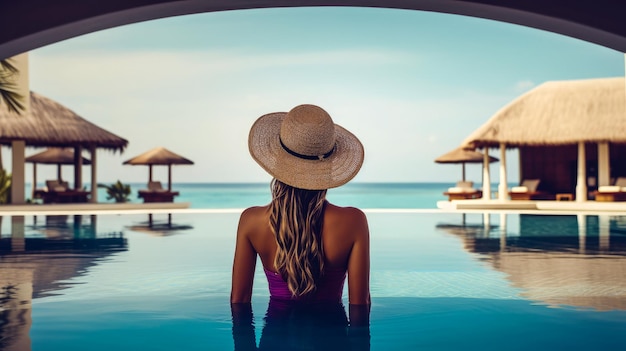 Foto een vrouw met een hoed kijkt uit over een zwembad met een strand op de achtergrond.