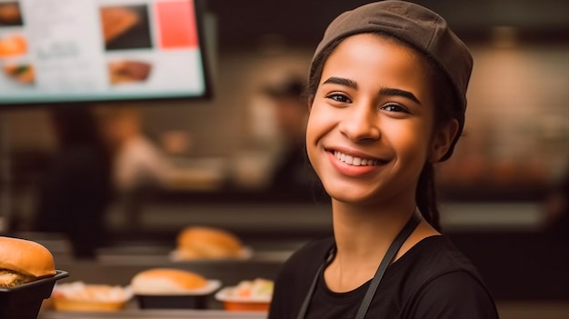 Een vrouw met een hoed lacht naar de camera terwijl ze in een restaurant aan het werk is.