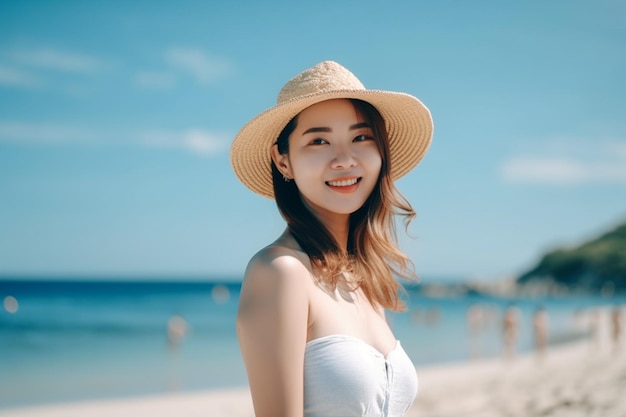 Een vrouw met een hoed op een strand