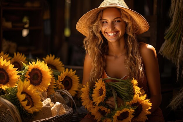 Een vrouw met een hoed op en een bos zonnebloemen in haar handen