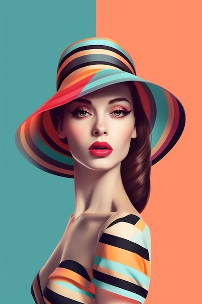 een vrouw met een hoed op haar hoofd is te zien in een kleurrijke illustratie.