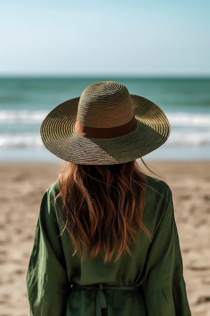 Een vrouw met een hoed op het strand.