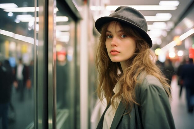 een vrouw met een hoed op in een metrostation