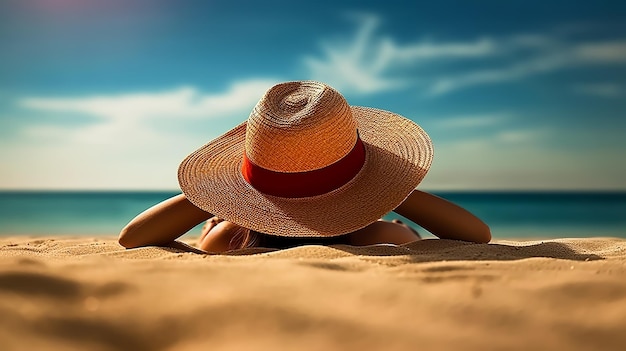 Een vrouw met een hoed op zit op een strand met de ondergaande zon achter haar