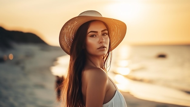 Een vrouw met een hoed staat op een strand bij zonsondergang.