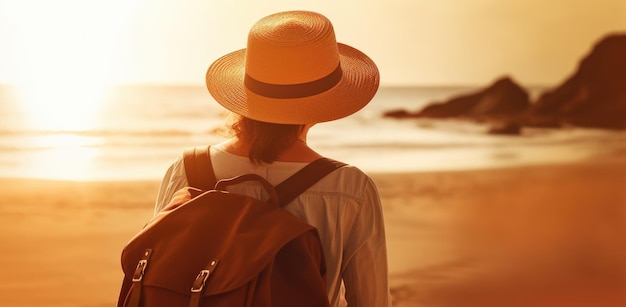 Een vrouw met een hoed staat op een strand en kijkt naar de oceaan.