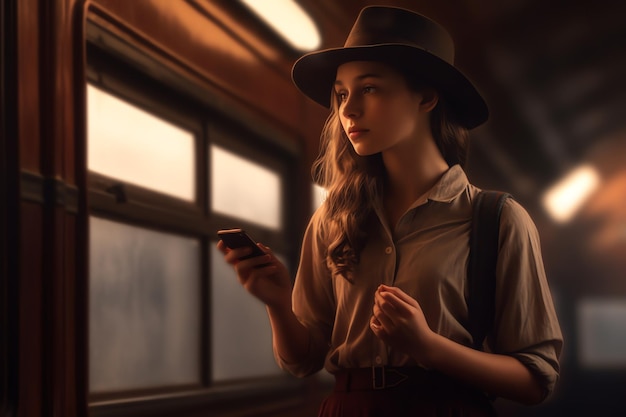 Een vrouw met een hoed staat voor een raam met een telefoon in haar hand