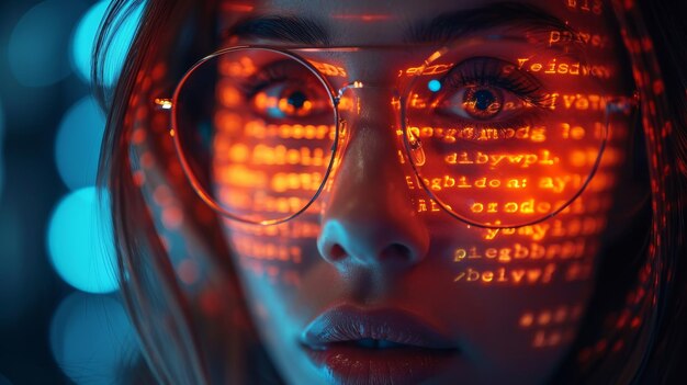 Een vrouw met een hologram van data-analyses IT en GDPR overlapt programmeur codering of een cybersecurity expert in een bril lezen van HTML scripts