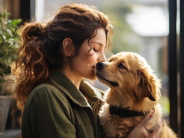 Een vrouw met een hond om haar nek kust een hond.