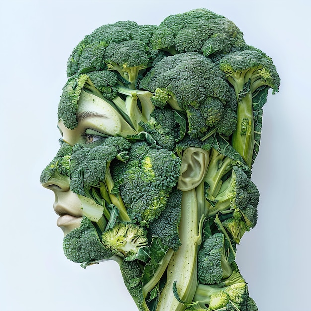 een vrouw met een hoofd broccoli erop met een gezicht gemaakt van broccoli