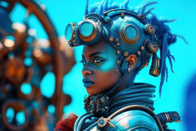 Een vrouw met een hoofd in steampunkstijl en een blauwe helm
