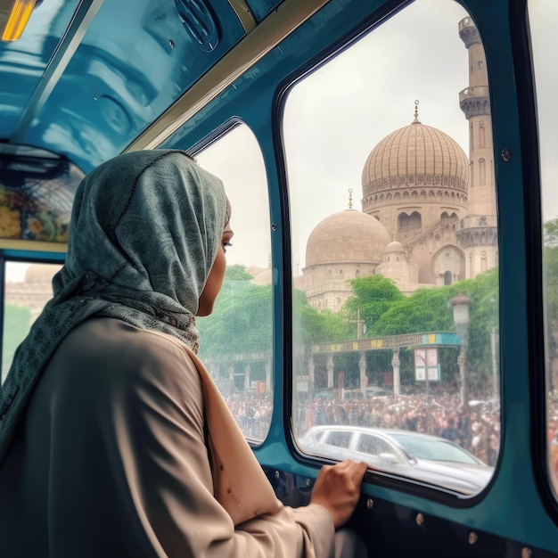 Een vrouw met een hoofddoek kijkt uit het raam van een bus.