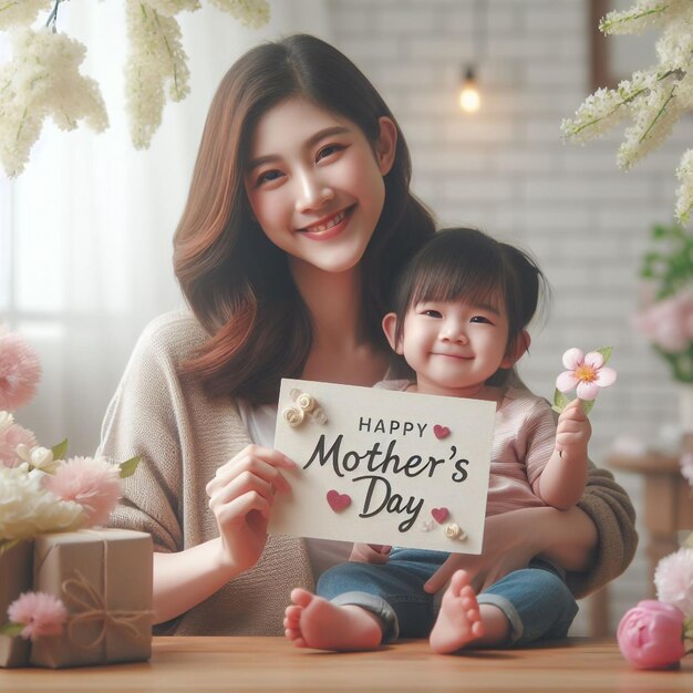 Foto een vrouw met een kaartje dat zegt gelukkige moedersdag