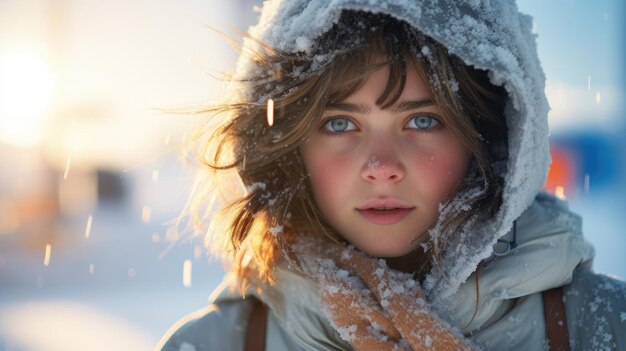 een vrouw met een kap met sneeuw op haar hoofd