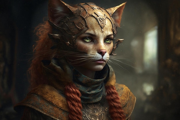 Een vrouw met een kattenkop die een gouden hoofdtooi draagt.