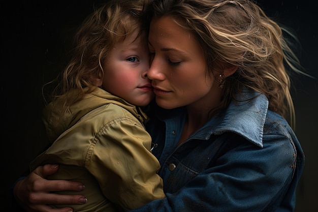 Een vrouw met een kind in haar armen.