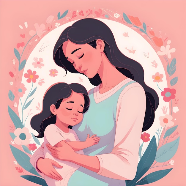 een vrouw met een kind met een bloemrijke achtergrond