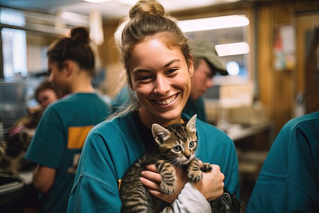 Een vrouw met een kitten in haar armen.