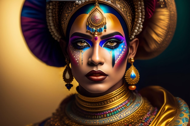 Een vrouw met een kleurrijk gezicht beschilderd met goud en blauwe kleuren