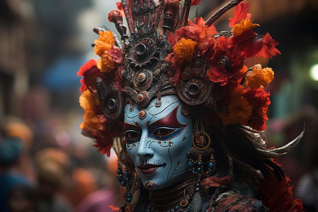 een vrouw met een kleurrijk gezichtsmasker in een drukke straat