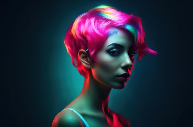 Een vrouw met een kleurrijk kapsel in neonkleuren