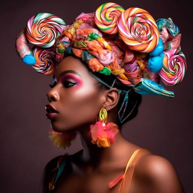 Een vrouw met een kleurrijke hoed waarop lolly's staan.