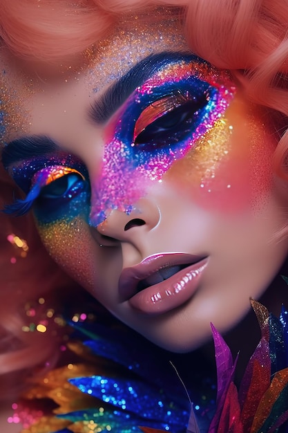 Een vrouw met een kleurrijke make-up en een regenboogoogmake-up.