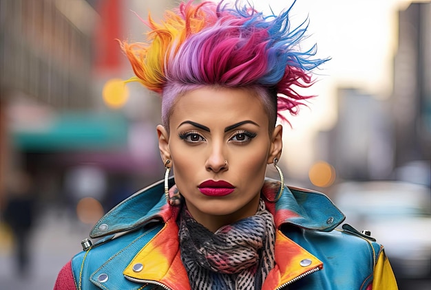 een vrouw met een kleurrijke mohawk en een neus piercing poseert in de stijl van lgbt straatparade