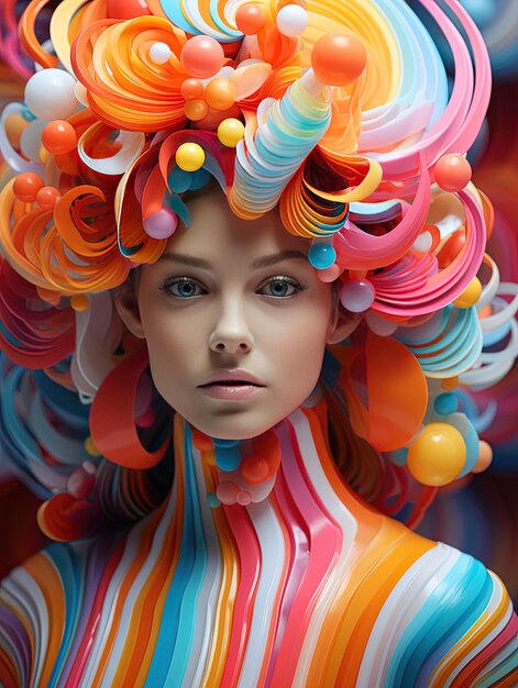 een vrouw met een kleurrijke pruik en een grote pruik op haar hoofd