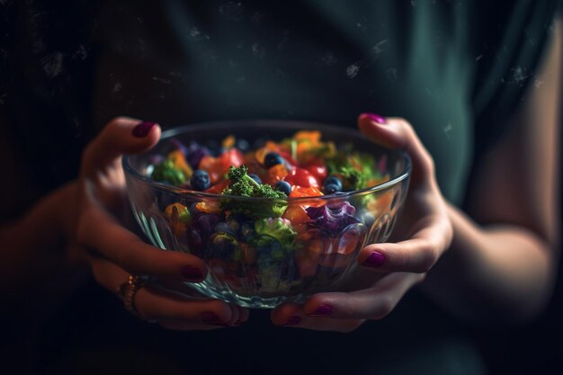 Een vrouw met een kom fruitsalade