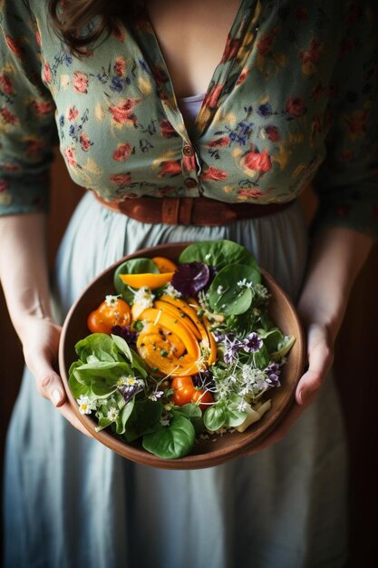 Foto een vrouw met een kom salade in haar handen