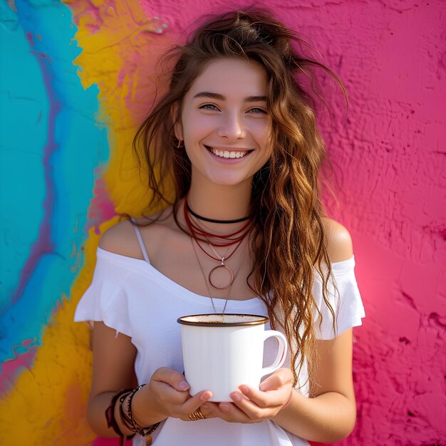 Een vrouw met een kop koffie voor een kleurrijke muur met een glimlach op haar gezicht en een ketting