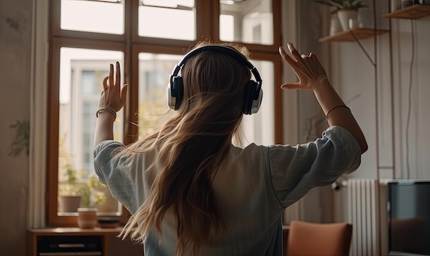 Een vrouw met een koptelefoon luistert naar muziek die ontspant in de generatieve AI in de woonkamer