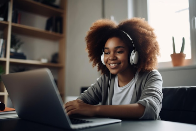 Een vrouw met een koptelefoon zit aan een bureau met een laptop voor zich.