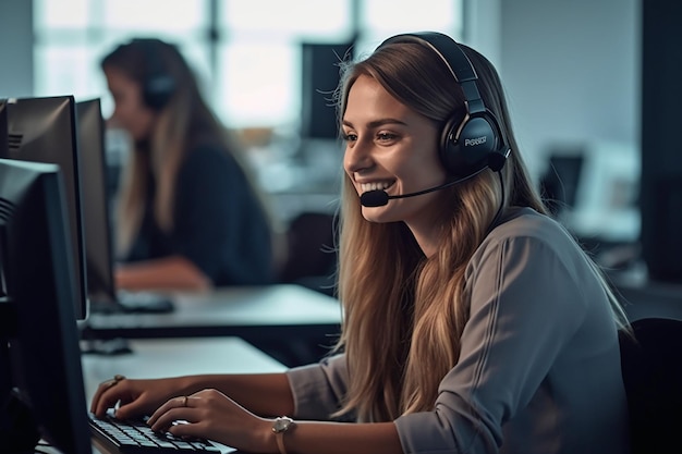 Een vrouw met een koptelefoon zit achter een computer met een koptelefoon op.