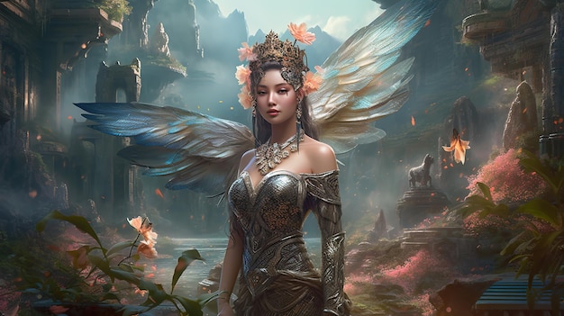 Een vrouw met een kroon en vleugels staat voor een berglandschap.