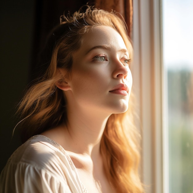 Een vrouw met een kroon staat voor een raam