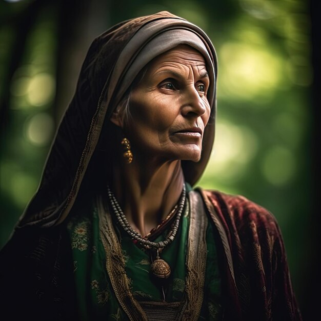 een vrouw met een lange ketting en een groene jurk met een bloem erop