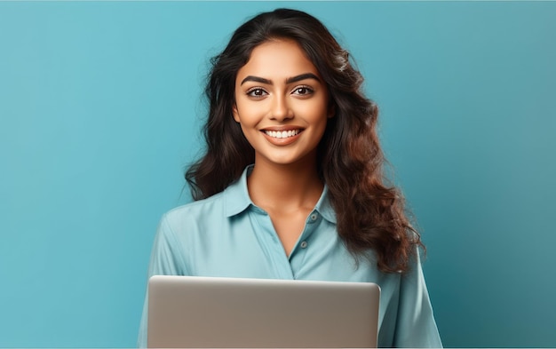 Een vrouw met een laptop op een blauwe achtergrond.