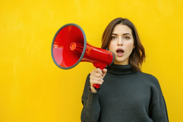 Een vrouw met een luidspreker spreekt de menigte toe