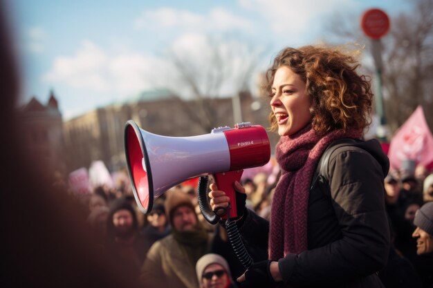 Foto een vrouw met een luidspreker spreekt tegen de menigte