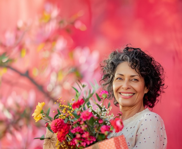 een vrouw met een mandje bloemen en een roze achtergrond