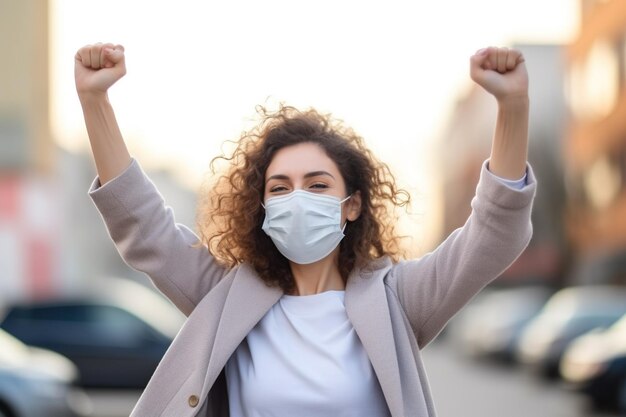 Een vrouw met een masker en een jas staat op straat met haar handen omhoog.